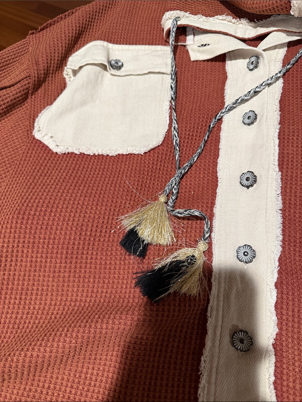 POL Waffle-Knit Hood Shacket Long Back Tassel Tie Oversized Fray Edges Slouchy S - Picture 14 of 14